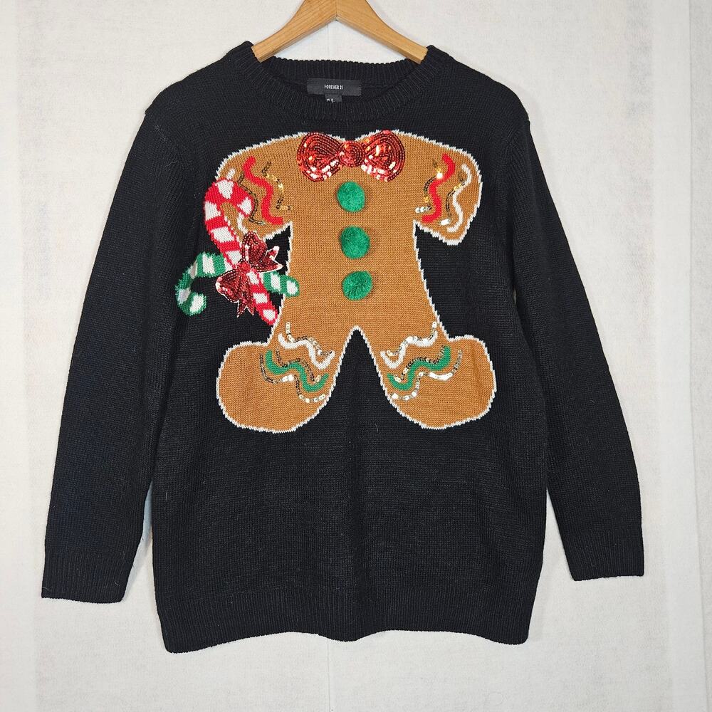 Forever 21 Black Gingerbread Man Ugly Christmas Sweater Crewneck Small